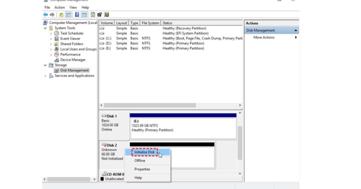 Disk Management window in Windows initializing a new disk with GPT option