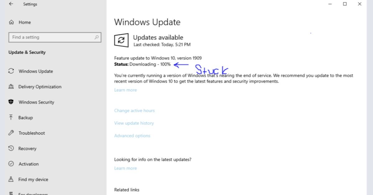 Windows Update downloading status screen in settings showing active progress.