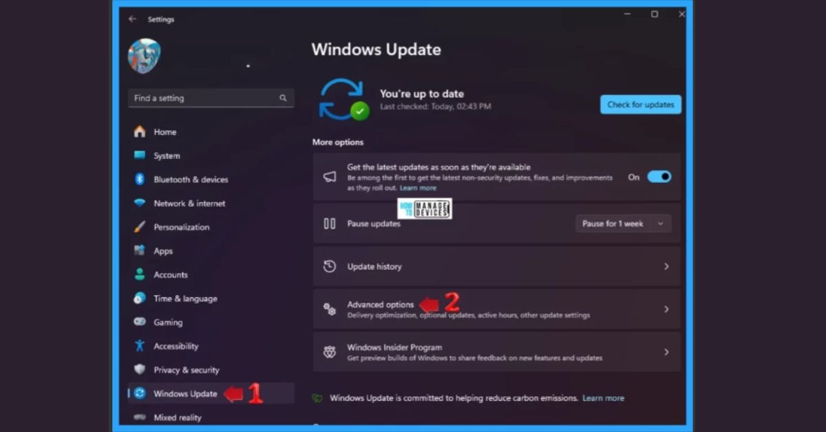 Windows Update page with Advanced options highlighted