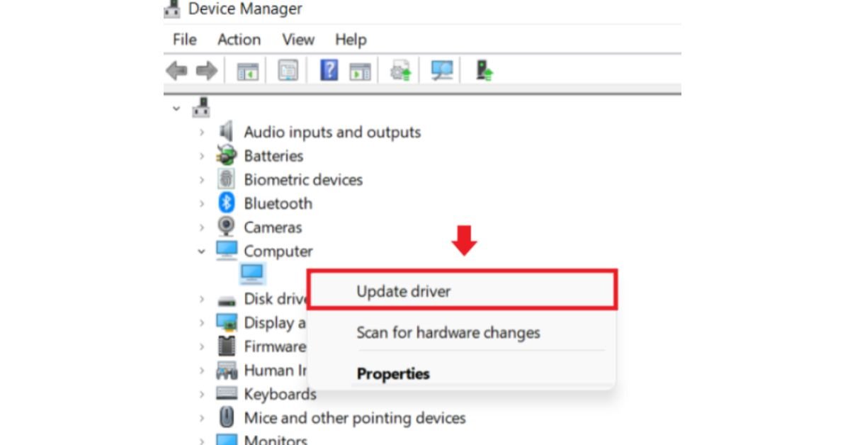 Device Manager menu highlighting the Update driver option