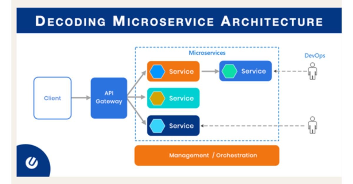 Microservices architecture diagram showing API gateway and service nodes